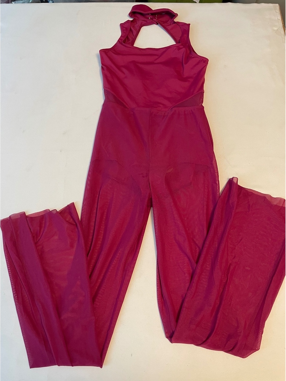 Women's Burgundy Sleeveless Mesh Jumpsuit with Snap Neck Closure